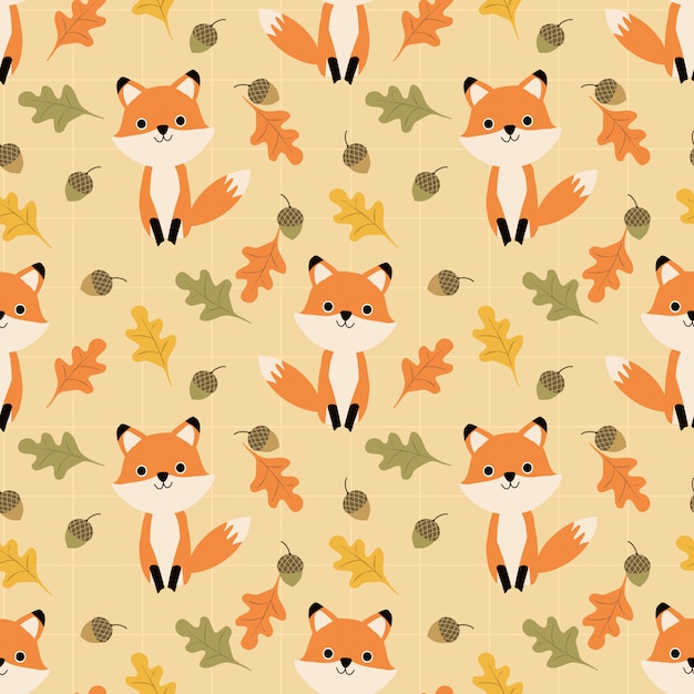 Cute fox and autumn leaves seamless pattern.