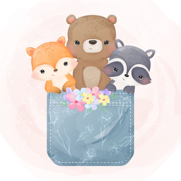 Милая лиса, медведь и енот вместе в кармане
