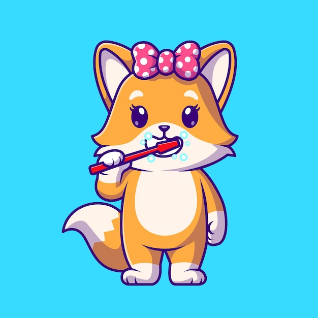 Cute fox brushing teeth cartoon vector icon illustration. animal healthy icon concept isolated flat