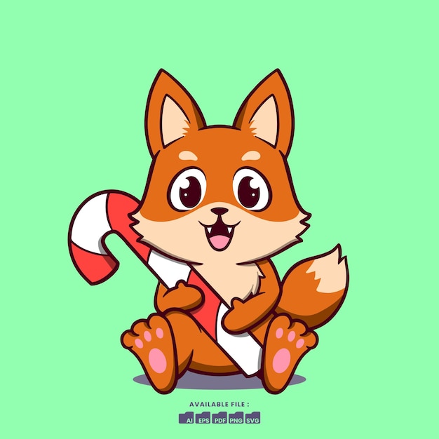 Vector cute fox cartoon illustration with a candy cane