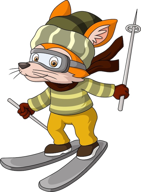 Vettore simpatico cartone animato volpe che gioca a sciare in discesa