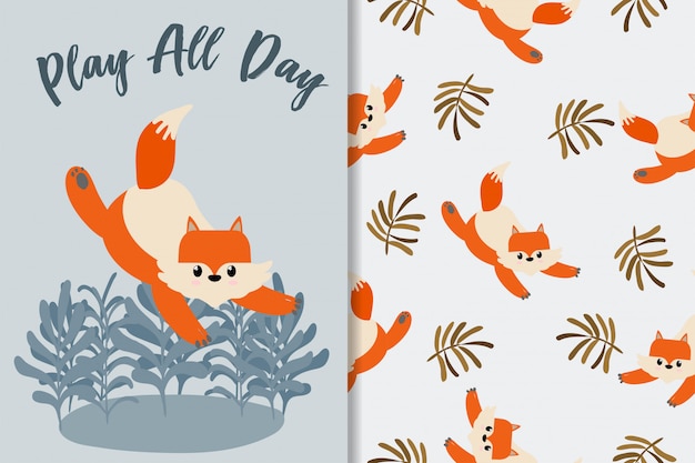 Vector cute fox cartoon seamless pattern