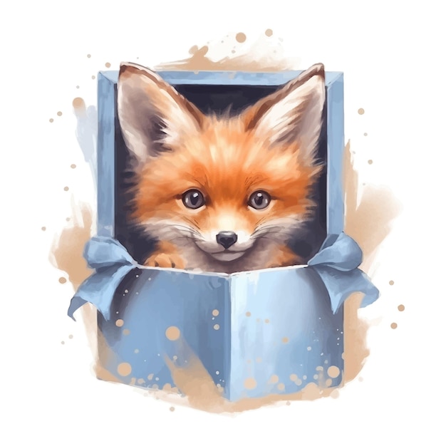 Cute fox cartoon with gift box in watercolor painting style