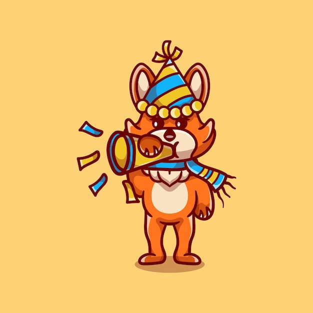 Vector cute fox celebrates the new year by blowing the trumpet