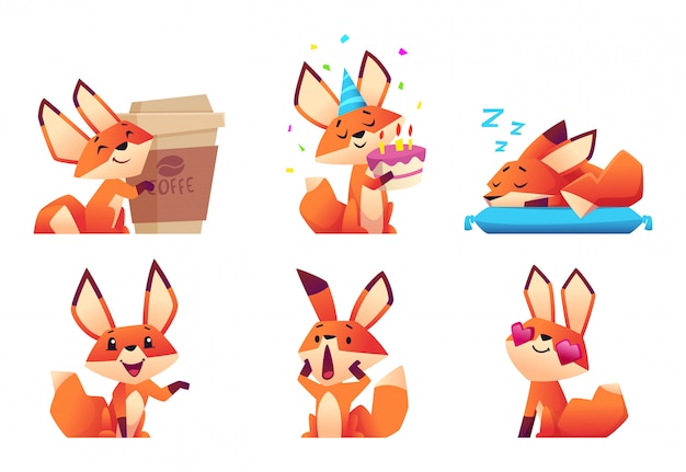 Cute fox character collection. wild orange animal at forest in various funny pose and emotions  mascot design