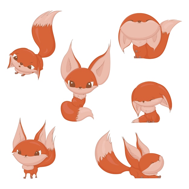 Vector cute fox character set, different emotions red fox design.