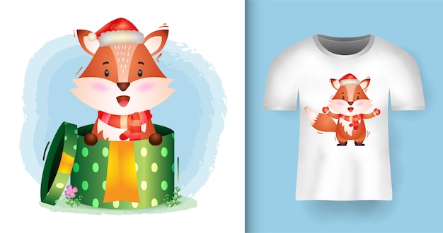 Симпатичные лисы рождественские персонажи в шапке санта-клауса и шарфе в подарочной коробке с дизайном футболки