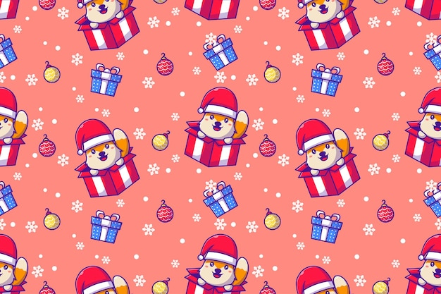 Cute fox and christmas gift with seamless pattern
