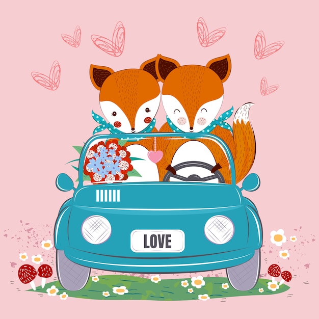 Vector cute fox couple in a car with flowers bouquet and heart