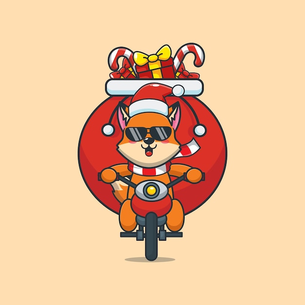 バイクに乗ってクリスマスの日のかわいいキツネかわいいクリスマス漫画イラスト