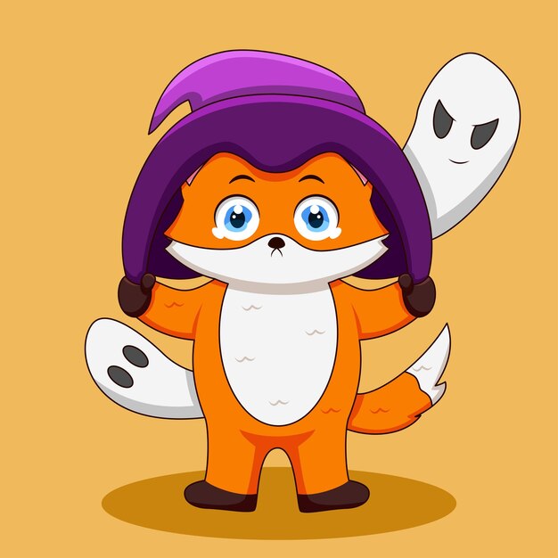 Vector cute fox crying with two ghosts illustration