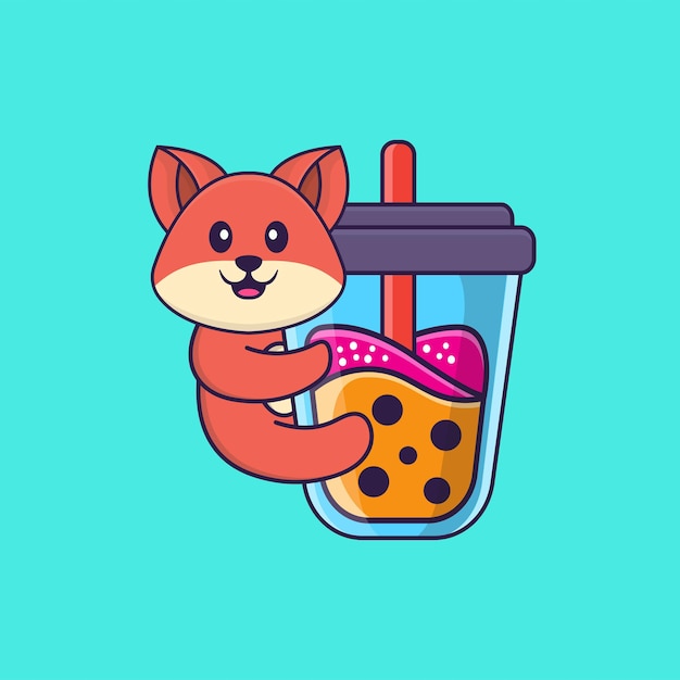 Cute fox drinking boba milk tea animal cartoon concept isolated