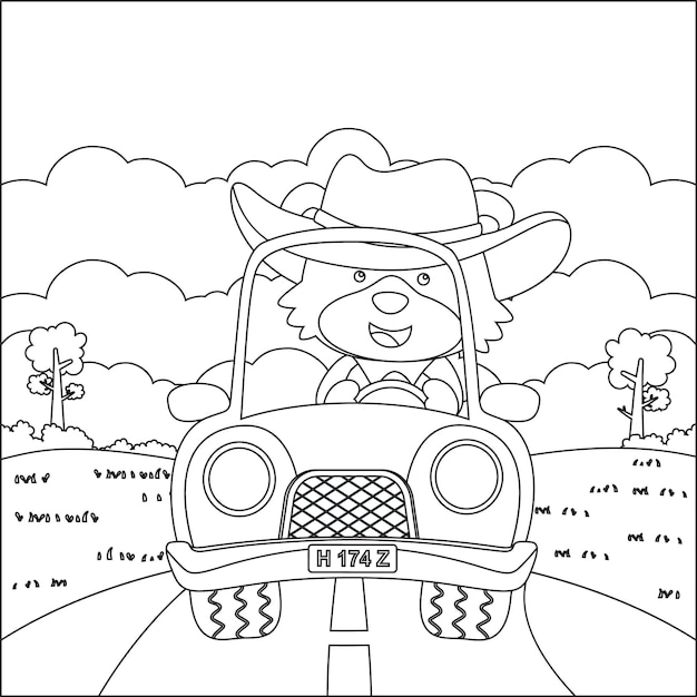 Cute fox driving a car go to forest funny animal cartoon colouring book or page