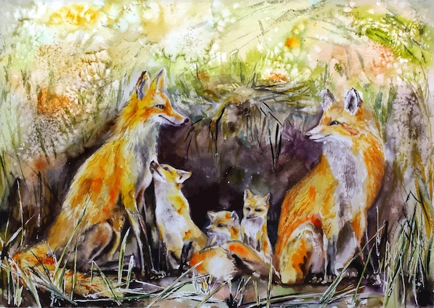 かわいいキツネの家族 水彩画 動物風イラスト ほ乳類 森
