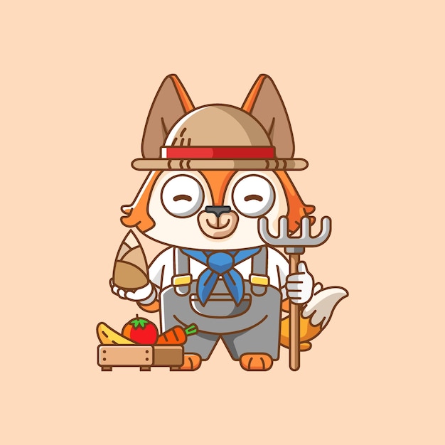 Cute Fox farmers harvest fruit vegetables animal character mascot icon flat style illustration