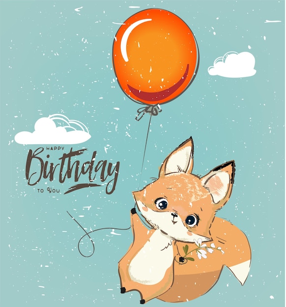 Cute fox fly with flower on balloon