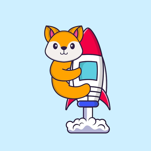 ロケットで飛んでいるかわいいキツネ。分離された動物漫画の概念。