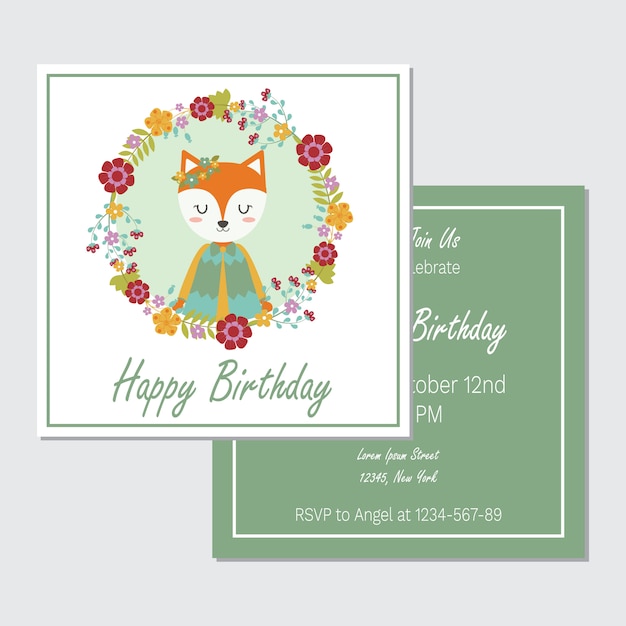 Vector cute fox girl on flower wreath suitable for birthday card