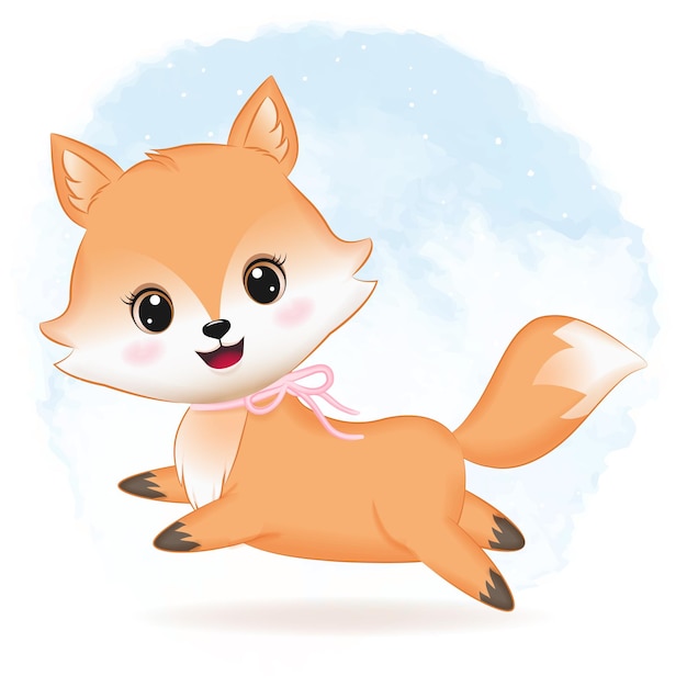 Cute fox hand drawn cartoon illustration watercolor background