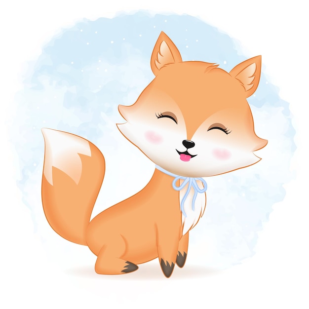 Cute fox hand drawn cartoon illustration watercolor background