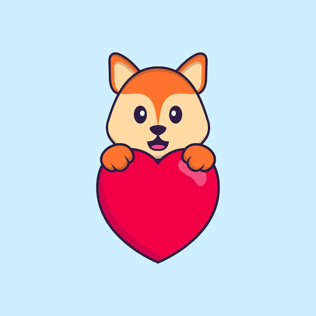 Cute fox holding a big red heart. Animal cartoon concept isolated. Flat Cartoon Style