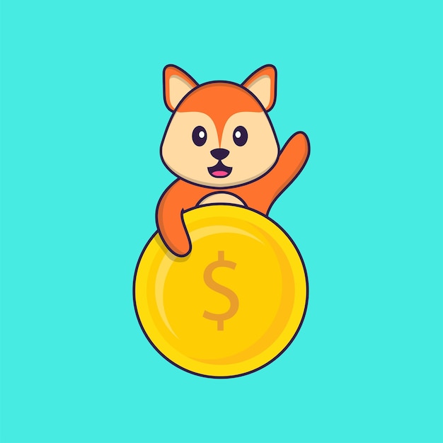 Cute fox holding coin. animal cartoon concept isolated. flat cartoon style