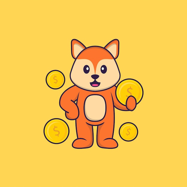 Cute fox holding coin. Animal cartoon concept isolated.