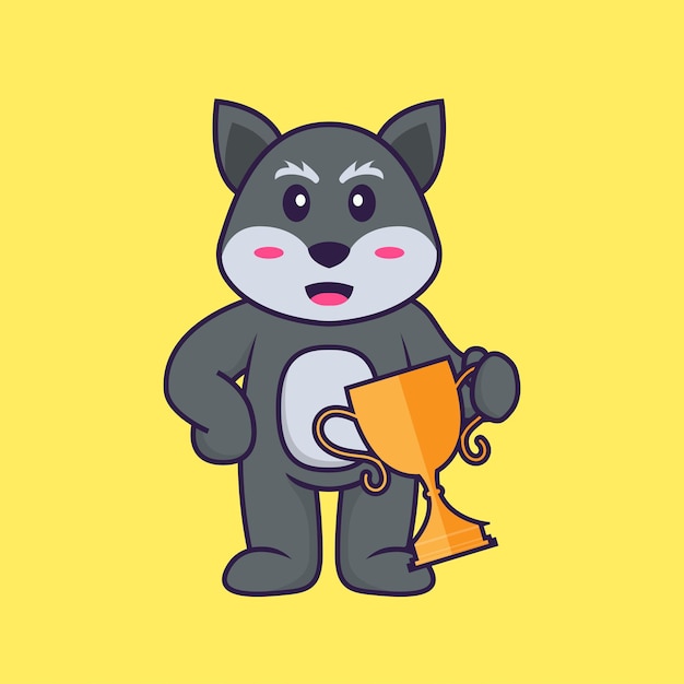 Cute fox holding gold trophy. Animal cartoon concept isolated.