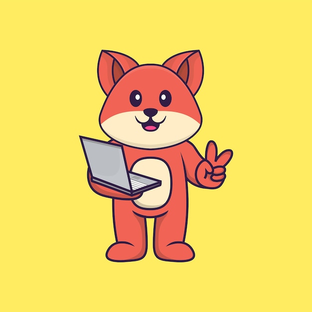 Cute fox holding laptop Animal cartoon concept isolated