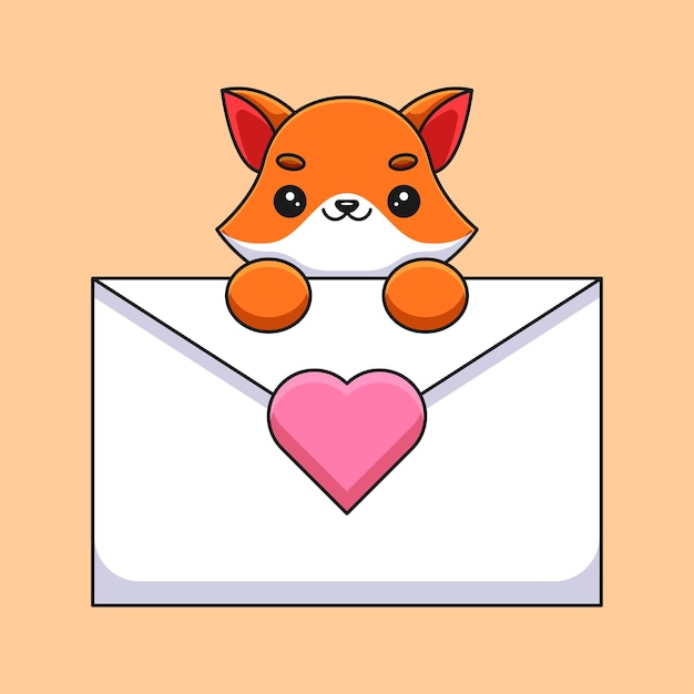 Cute fox holding a love letter cartoon mascot doodle art hand drawn outline concept vector kawaii icon illustration