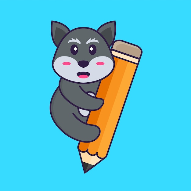 Cute fox holding a pencil. Animal cartoon concept isolated.