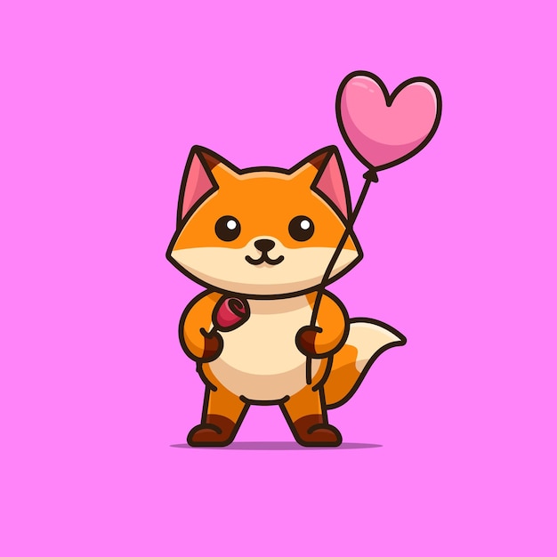 Vector cute fox holding a rose and love balloon vector cartoon illustration animal love isolated