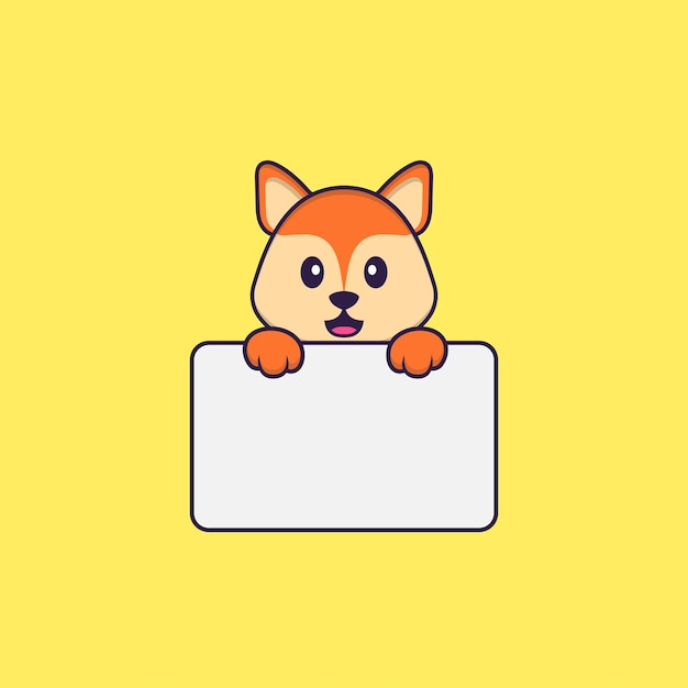 Cute fox holding whiteboard. Animal cartoon concept isolated.