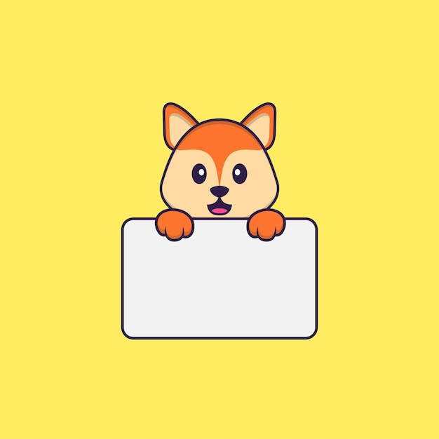 Cute fox holding whiteboard. Animal cartoon concept isolated.