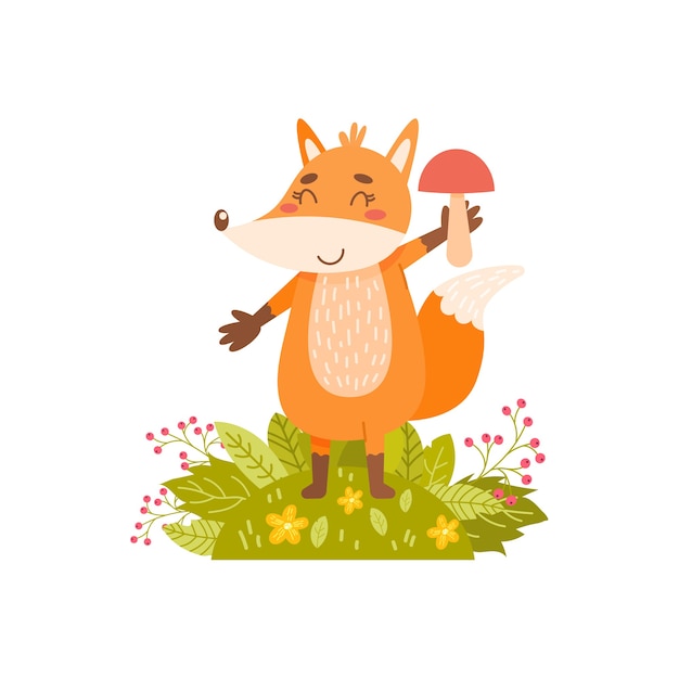 Cute fox holds a mushroom in his hand