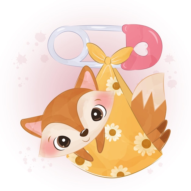 Vector cute fox illustration in watercolor