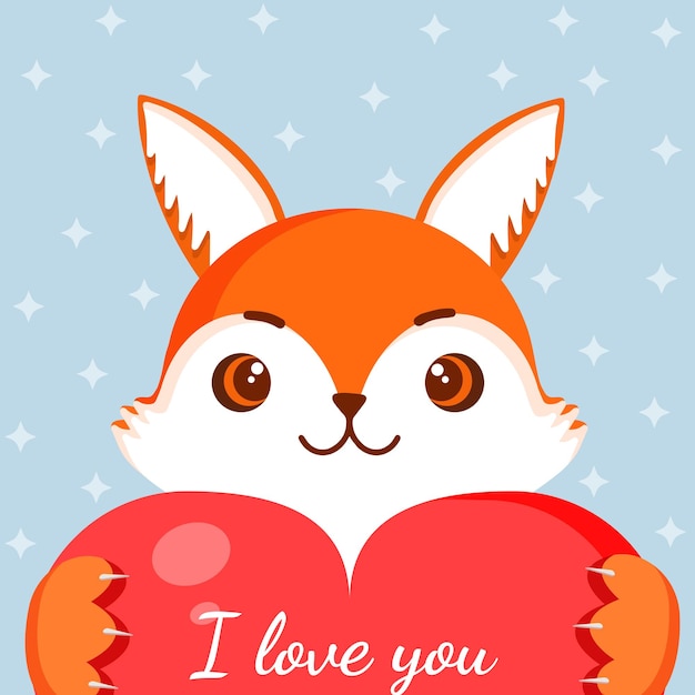 Cute fox is holding a big red heart Vector fox illustration for valentines day