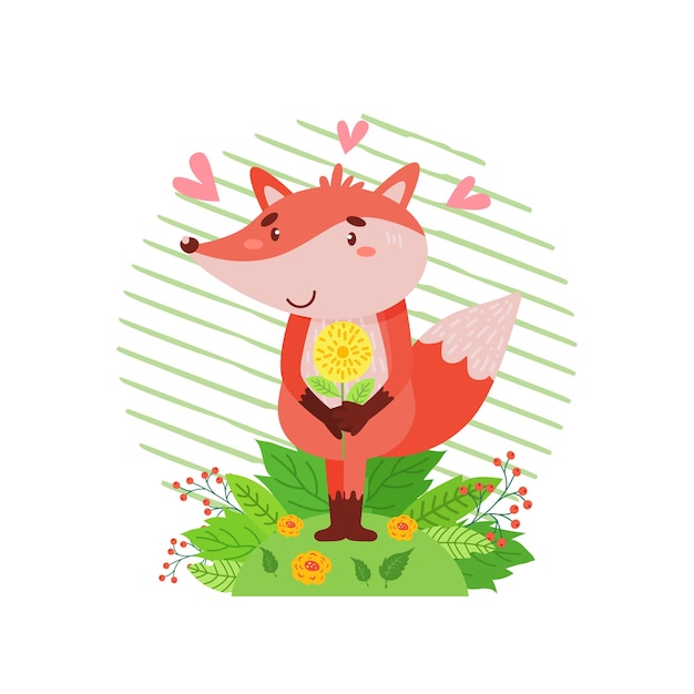 Vector cute fox is holding a yellow flower in its paws