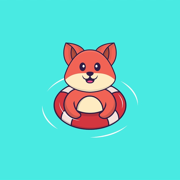 Cute fox is Swimming with a buoy Animal cartoon concept isolated