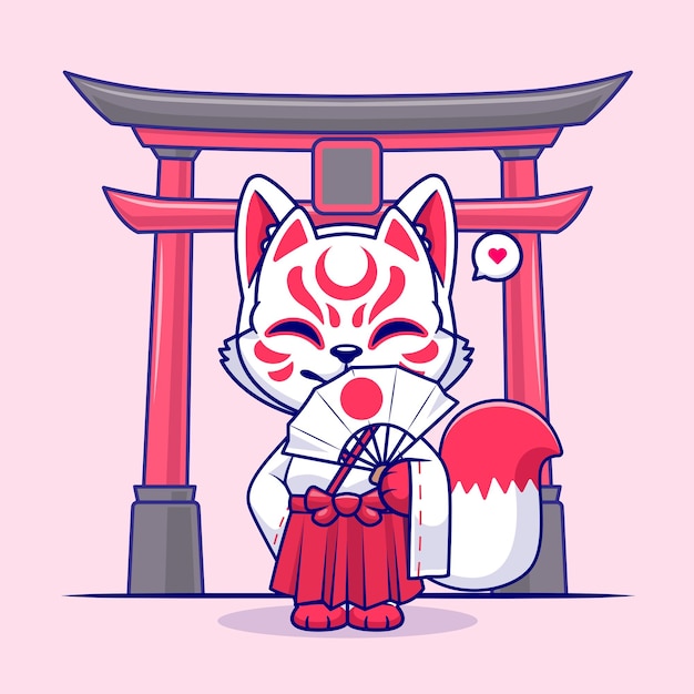cute fox kitsune holding handheld fan cartoon vector icon illustration animal holiday isolated flat