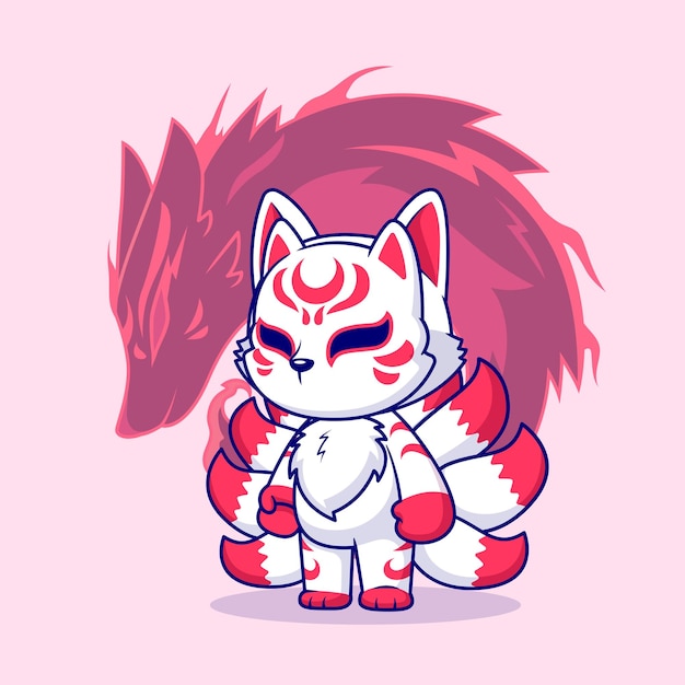 Vector cute fox kitsune with spirit dragon power cartoon vector icon illustration animal holiday isolated