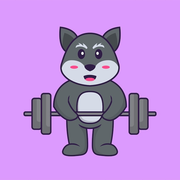 Cute fox lifts the barbell. animal cartoon concept isolated