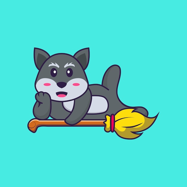 Cute fox lying on Magic Broom Animal cartoon concept isolated Flat Cartoon Style