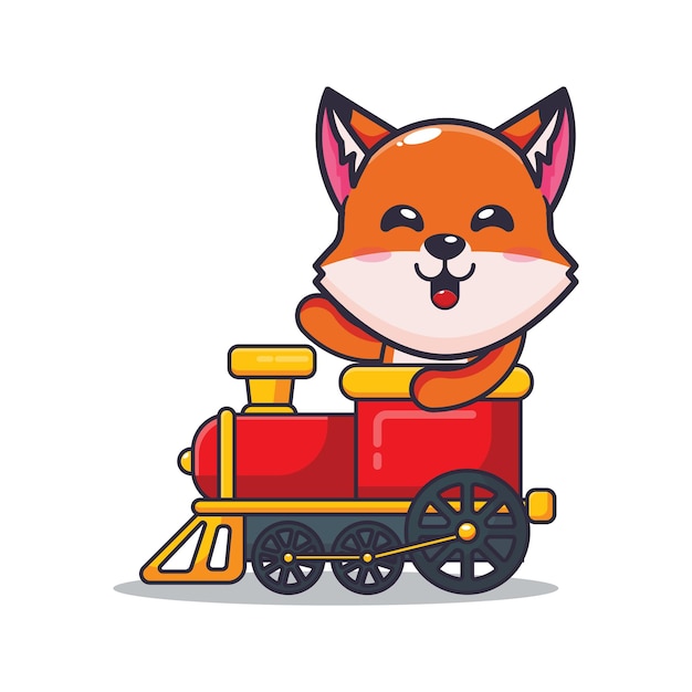 かわいいキツネのマスコット漫画のキャラクターが電車に乗る