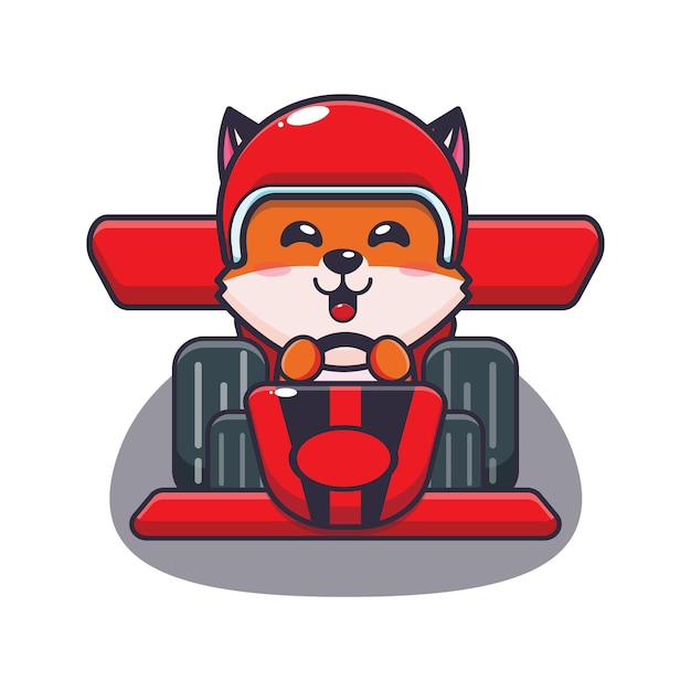 cute fox mascot cartoon character riding race car