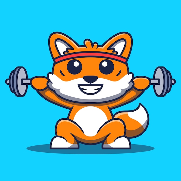 Vector cute fox mascot exercising lifting barbell cartoon illustration