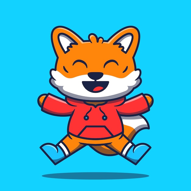 Cute fox mascot wearing jacket jumping cartoon illustration