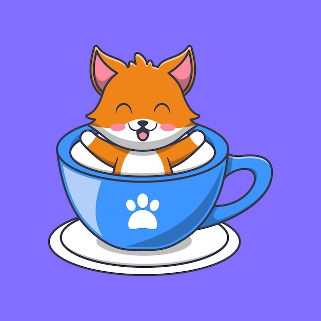 Cute fox in a milk glass cartoon illustration
