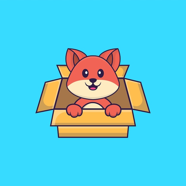 Cute fox Playing In Box. Animal cartoon concept isolated.