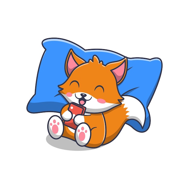 Cute fox playing phone cartoon illustration